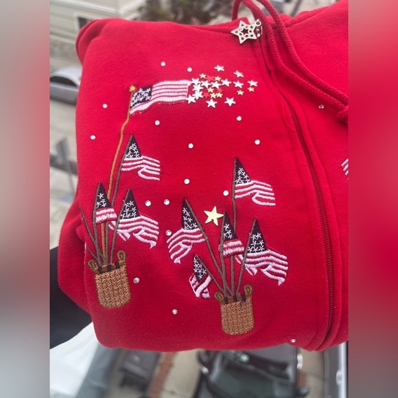 Vintage Y2K Quacker Factory red gold stars embroidered flags zip up hoodie sz 1X - Picture 4 of 15